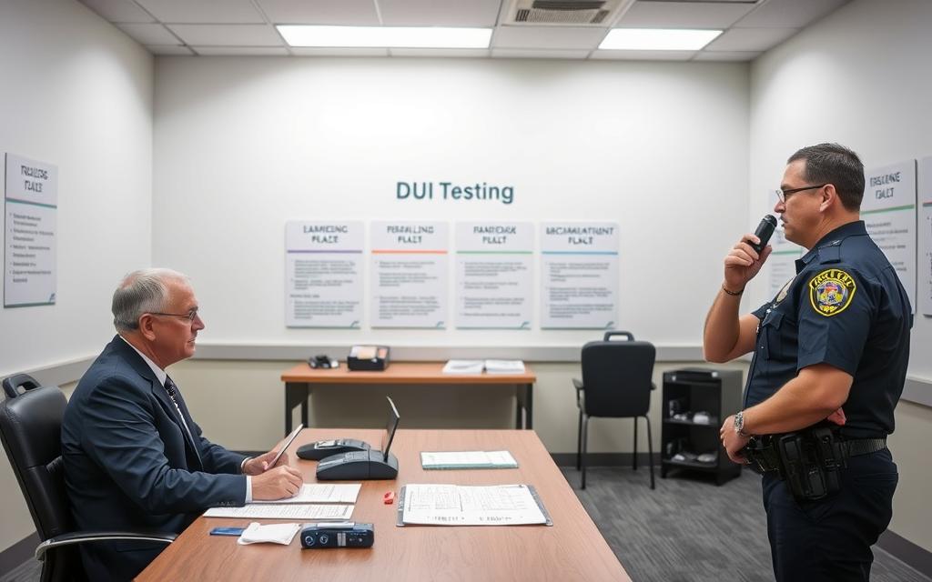 A Brightly Lit Indoor Scene Depicting A Formal Dui Testing Protocol. In The Foreground, A Police Officer In Uniform Administers A Breathalyzer Test To A Person Seated At A Desk. The Middle Ground Shows A Table With Various Testing Equipment And Documents. In The Background, The Walls Display Clear Signage Outlining The Legal Procedures And Requirements For Dui Testing. The Lighting Is Clean And Professional, With A Sense Of Clinical Precision. The Overall Atmosphere Conveys The Serious, Regulated Nature Of The Dui Testing Process In A Legal Setting.