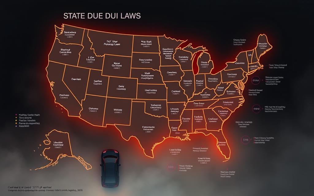 A Detailed Comparison Of U.s. State Dui Laws, Showcasing The Legal Nuances And Variations Across The Country. A Compelling Overhead View Of A Map Of The United States, With Each State Represented By A Glowing Polygon. The Foreground Features Well-Organized Data Visualizations And Infographics, Conveying Key Statistics And Regulations In A Clear, Informative Manner. The Middle Ground Depicts Silhouettes Of Cars And Drivers, Emphasizing The Real-World Impact Of These Laws. The Background Is Subtly Hazy, With A Sense Of Depth And Dimension, Creating An Authoritative, Data-Driven Atmosphere. The Overall Scene Strikes A Balance Between Analytical Clarity And Visual Interest, Ideal For Illustrating The Complexities Of Navigating Consent Laws In The United States.