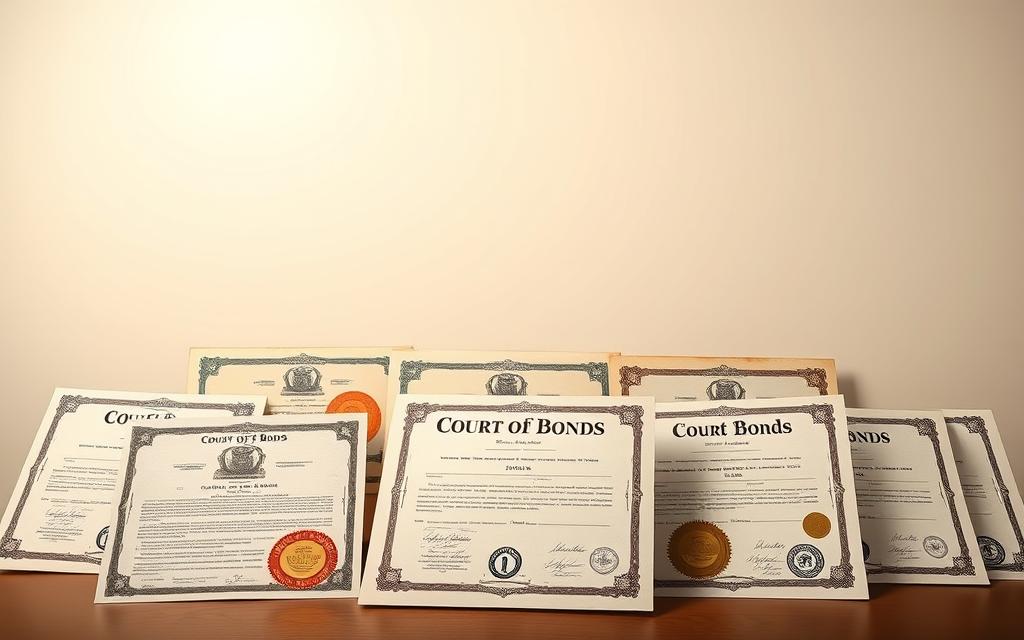 A Detailed Illustration Of Various Types Of Court Bonds, Showcased Against A Clean, Minimalist Background. The Foreground Features A Collection Of Bond Certificates, Each With Distinct Designs And Textures, Representing The Diversity Of Court Bond Instruments. The Middle Ground Depicts The Ceremonial Seals, Signatures, And Security Features That Validate These Legal Documents. In The Background, A Softly Lit, Uniform Backdrop Provides A Sense Of Authority And Professionalism, Setting The Tone For The Court Bond System. Crisp Lighting From Multiple Angles Highlights The Intricate Details And Conveys A Sense Of Trust And Reliability Associated With These Court-Sanctioned Financial Instruments.
