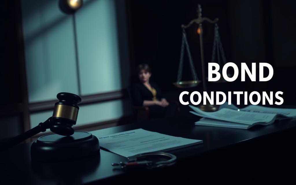 A Dimly Lit Courtroom With A Gavel, Handcuffs, And Legal Documents On The Judge's Desk. In The Foreground, A Person Sits In The Witness Box, Their Expression Uncertain. The Background Features A Scale Of Justice, Symbolizing The Balance Of Legal Outcomes. Soft Lighting Casts Shadows Across The Scene, Creating A Contemplative Atmosphere. The Image Conveys The Weight And Complexity Of Bond Conditions And Their Impact On The Legal Process.