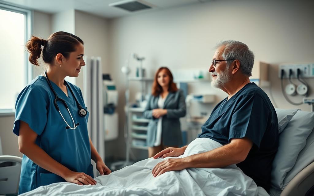 A Hospital Room With A Calm, Sterile Atmosphere. In The Foreground, A Healthcare Worker Discussing Treatment Options With A Patient, Their Expressions Conveying Open Communication And Mutual Understanding. In The Middle Ground, A Family Member Observing, Their Body Language Suggesting Trust And Involvement. In The Background, Medical Equipment And Supplies, Lending A Sense Of Professionalism And Care. Soft, Diffused Lighting Illuminates The Scene, Creating A Reassuring Ambiance. The Overall Mood Is One Of Collaborative Decision-Making And Respect For The Patient'S Autonomy.