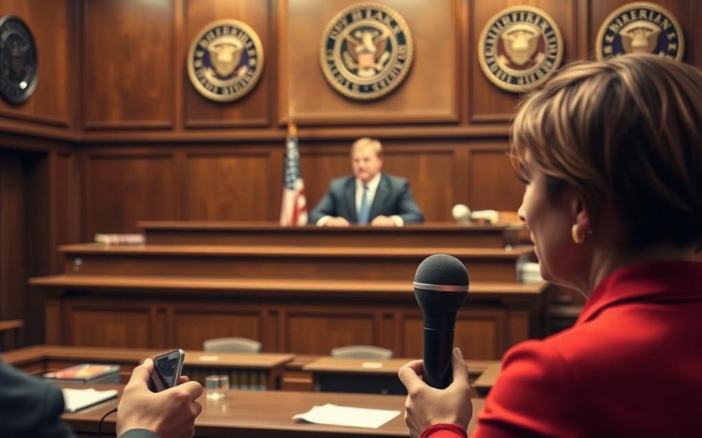 A Courtroom Scene With A News Reporter At The Forefront, Microphone In Hand, Capturing The Attention Of The Public. In The Background, A Judge Presides Over The Proceedings, Their Expression Conveying The Weight Of The Case. The Walls Are Adorned With Law Books And Official Seals, Evoking The Gravity Of The Legal System. Soft, Warm Lighting Illuminates The Scene, Creating A Sense Of Drama And Tension. The Composition Draws The Viewer'S Eye To The Interplay Between The Media'S Influence And The Judicial Process, Highlighting The Complex Relationship Between Public Perception And Legal Outcomes.