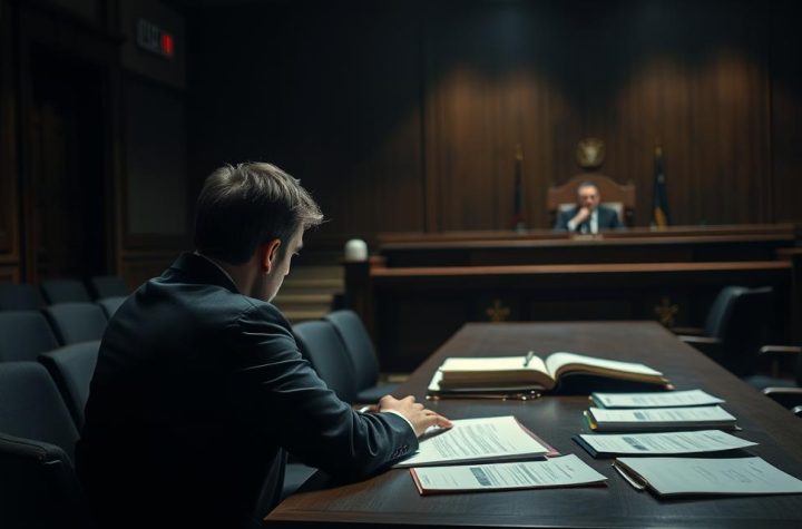 A Dimly Lit Courtroom, The Defendant Seated At The Defense Table, Their Lawyer Standing Beside Them, Deep In Contemplation. The Prosecution'S Files Are Spread Out On The Table, A Subtle Hint Of Tension In The Air. The Judge'S Bench Is Visible In The Background, Casting An Authoritative Presence. Soft Shadows And Muted Tones Create An Atmosphere Of Gravitas, As The Lawyer Carefully Formulates Their Criminal Defense Strategy, Poised To Navigate The Complex Legal Landscape.
