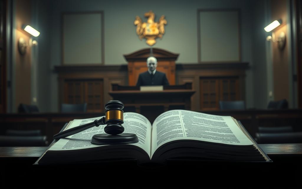 A Dimly Lit Courtroom, The Gavel Silently Resting On The Judge'S Bench. In The Foreground, A Figure Stands Before The Jury, Their Face Obscured By Shadows, Representing The Complex Legal Interpretations Of Public Indecency Laws. In The Middle Ground, A Large Tome Lies Open, Its Pages Filled With The Intricate Wording And Precedents That Define The Boundaries Of Acceptable Public Behavior. The Background Is A Hazy, Institutional Setting, Invoking The Solemn Atmosphere Of The Judicial System Tasked With Upholding These Often Ambiguous Statutes.