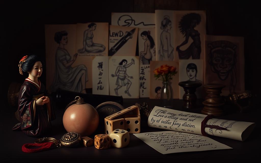A Dimly Lit, Moody Scene Depicting Various Cultural Representations And Nuanced Connotations Of The Concept Of &Quot;Lewd&Quot;. In The Foreground, A Collection Of Evocative Symbols And Metaphors - A Blushing Geisha Figurine, A Tarnished Vintage Locket, A Set Of Ornate Ivory Dice, A Crumpled Love Letter In An Archaic Script. In The Middle Ground, A Collage Of Hand-Drawn Sketches And Paintings Capturing The Diversity Of Perspectives On This Notion Across Different Eras And Regions - A Rococo-Style Courtesan, A Tribal Fertility Totem, A Modern Pop Art Rendering. The Background Fades Into An Abstract Haze Of Muted Colors And Indistinct Shapes, Evoking The Ambiguity And Subjectivity Inherent In The Interpretations Of &Quot;Lewd&Quot;. The Overall Atmosphere Is One Of Contemplation, Nuance, And The Complexity Of Human Desire And Taboo.